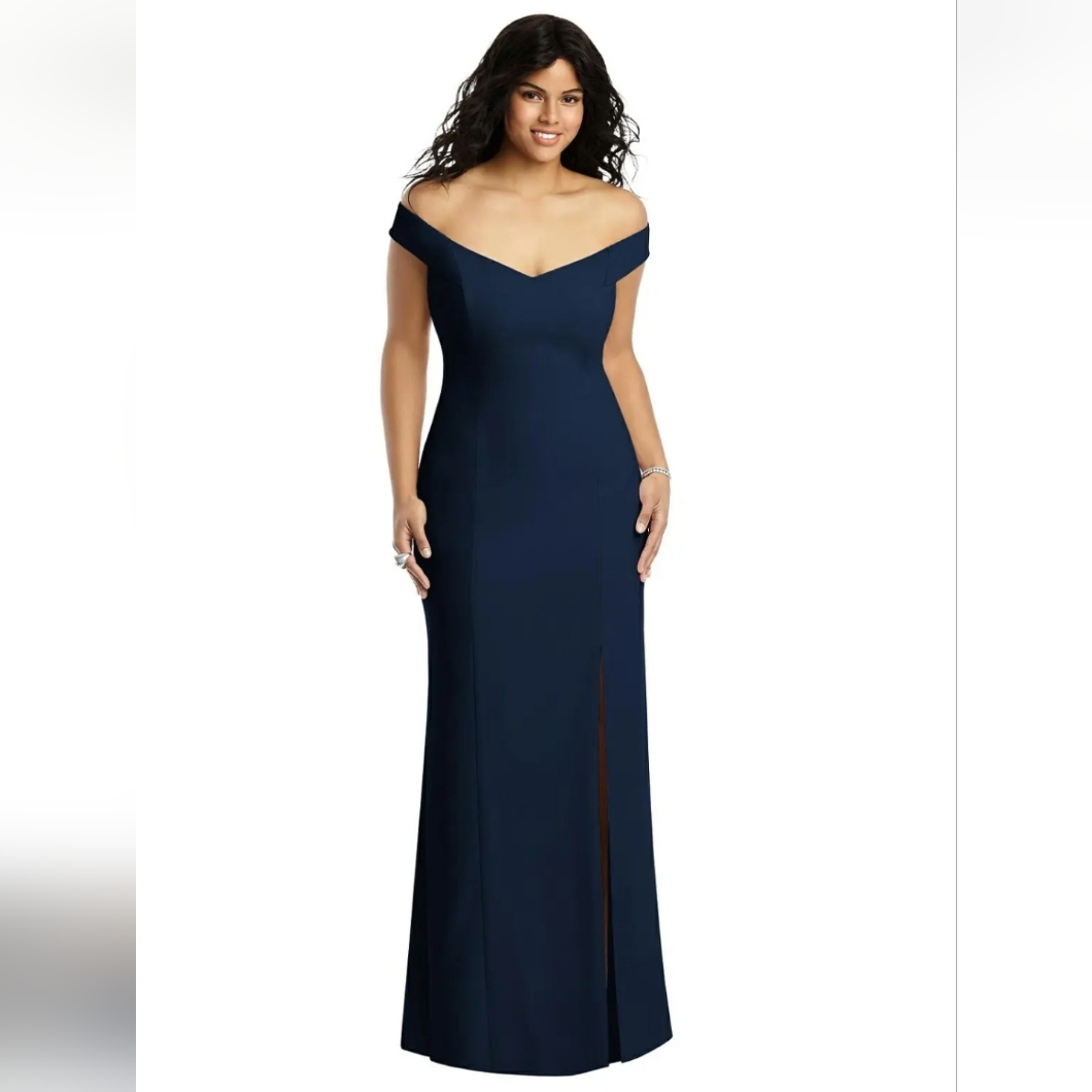 Dessy Collection Midnight Blue Off-The-Shoulder Criss Cross Back Trumpet Gown 10